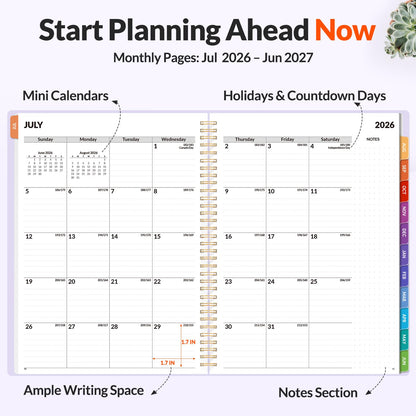 SUNEE Academic Planner 2026-2027 – Weekly & Monthly Planner, July 2026 to June 2027, 8.5"x11", Thick Paper, Tabs, Pockets, Bookmark, Spiral-Bound, Student Teacher Organizer, Purple