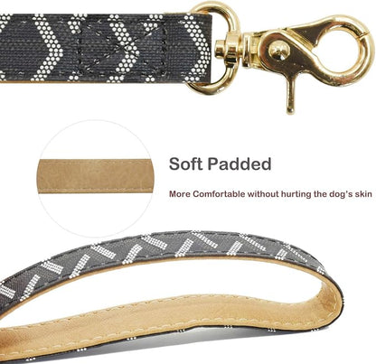 Leather Dog Collar and Leash Set, Check Pattern Dog Collar Leashes Metal Buckle Adjustable Durable for Small Medium Large Dogs (Black, L(14.5-18.5IN))