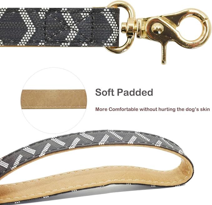 Leather Dog Collar and Leash Set, Check Pattern Dog Collar Leashes Metal Buckle Adjustable Durable for Small Medium Large Dogs (Black, M(11.8-15IN))