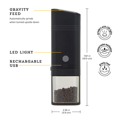 Kamenstein USB Rechargeable Gravity Feed Grinder, Filled With Peppercorns, Black