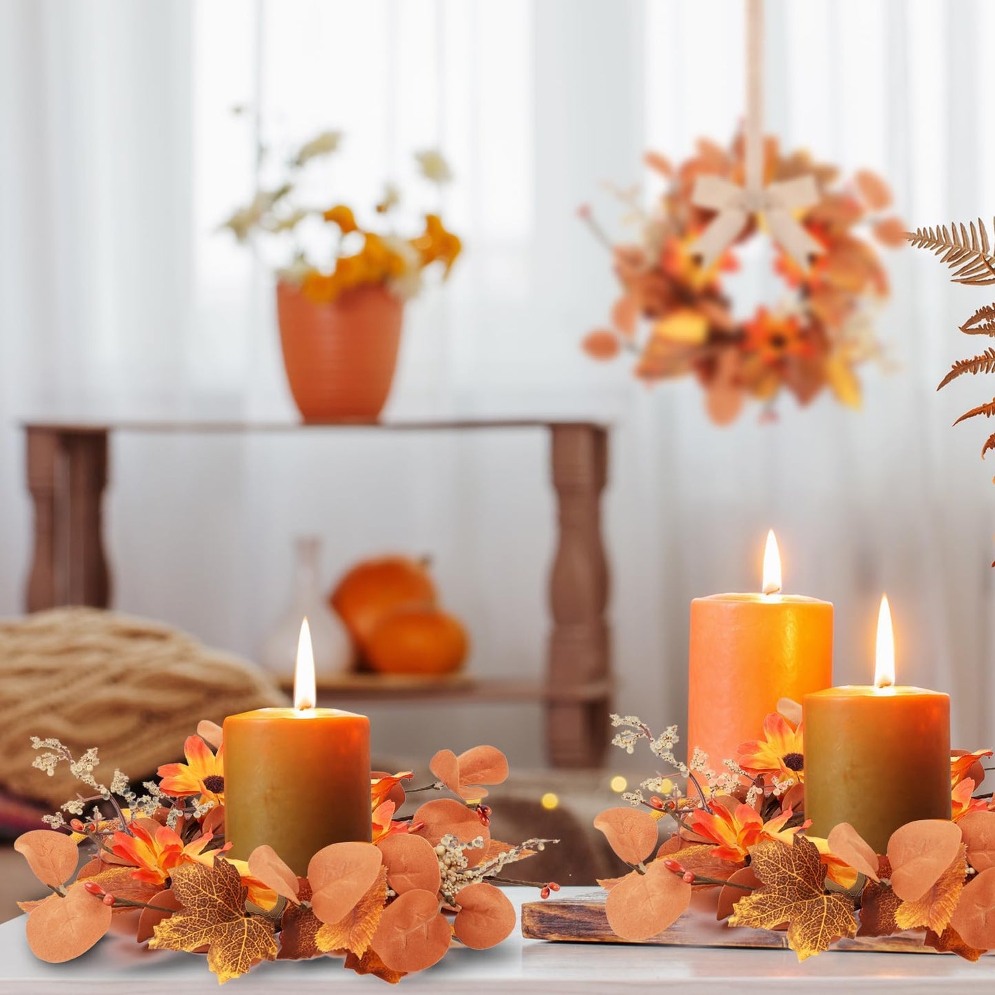 6 Pcs 3 Inch Fall Floral Wreaths Autumn Harvest Sunflowers Pumpkins Leaves Berries Hanging Candle Rings Wreath Mini Thanksgiving Table Centerpiece Wreath for Pillar Cabinets Farmhouse Decoration