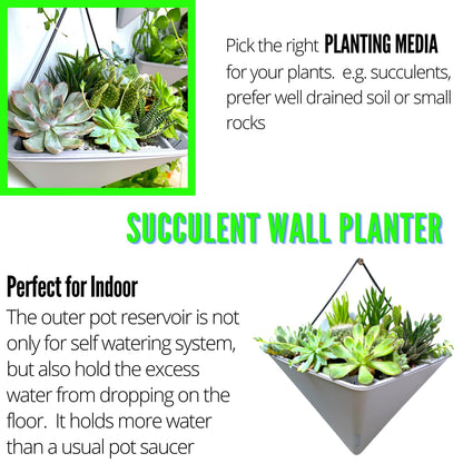 LaLaGreen Bundle - 12" x 2 Pack Gray + 12" x 4 Pack White Large Self Watering White Geometric Hanging Flower Vase Vessel with Metal Hanger, Modern Stylish Wall Mounted Succulent Pot Holder Decor