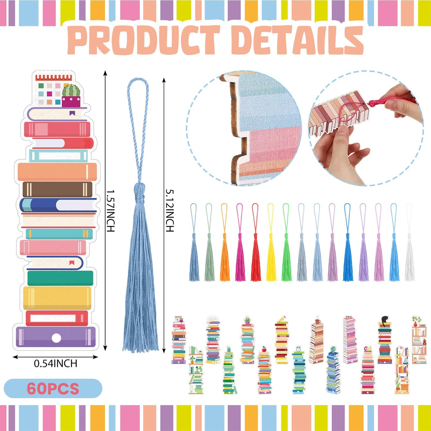 Kolldenn 60 Pcs Wooden Bookmarks for Book Lovers - 15 Designs With Tassel - Retro Bulk Bookmarks for Reading, Gifts for Men, Women, Teachers, Students - Birthday, Book Club, Party Favors
