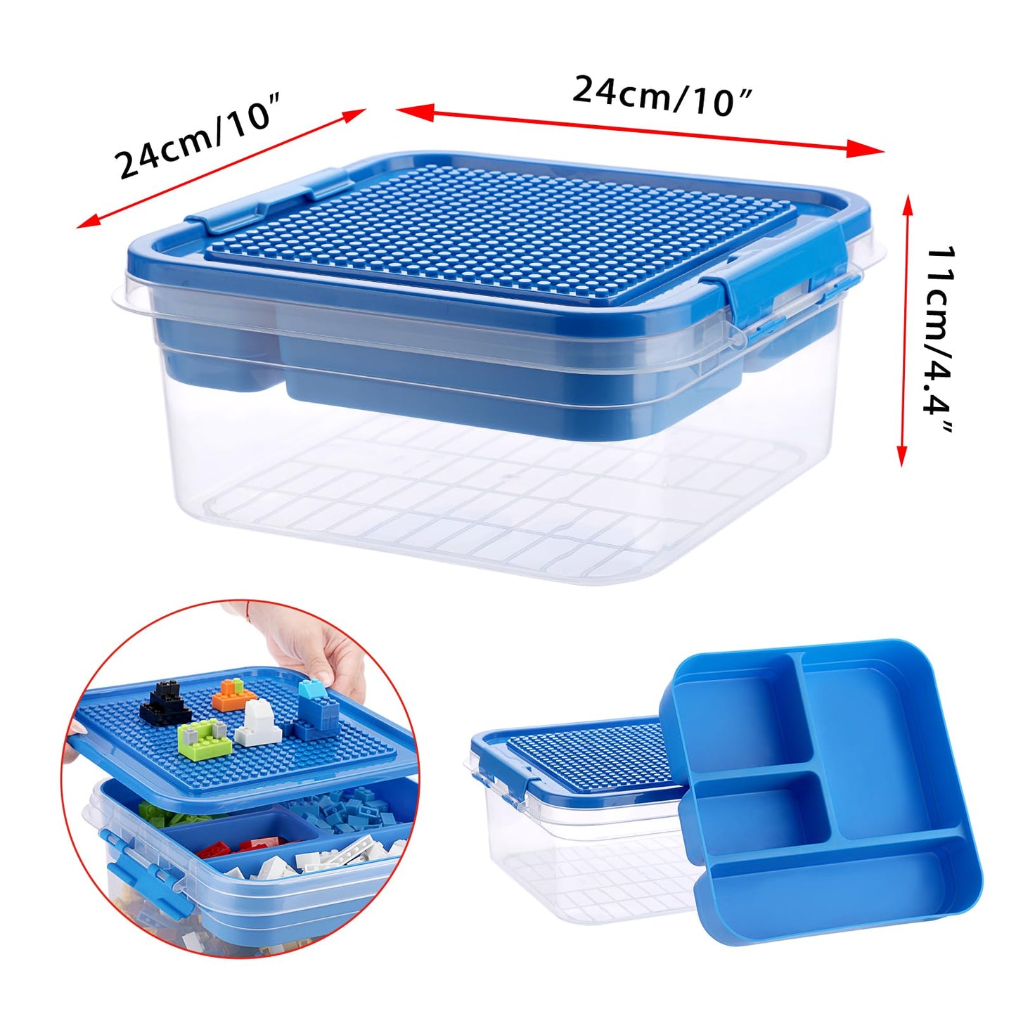 OGANAZI Plastic Storage Container with Bricks Baseplate Lid for Building Blocks, Bricks Building Set Organization Bin with Compartments Tray, Stackable Storage Box Building Block Chest Case (Blue)