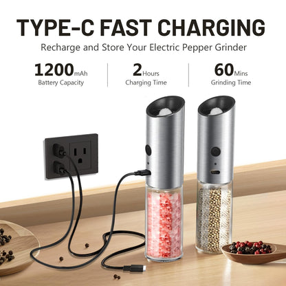 Solisifime Gravity Electric Salt and Pepper Grinder Set, USB Rechargeable Stainless Steel Mills with Large Capacity Tall Glass, LED Light, Adjustable Coarseness, Ideal for Kitchen and Dining(2PCS)