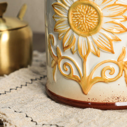SOCOSY Ceramic Retro Sunflower Embossed Kitchen Utensil Holder, Large Cooking Utensil Crocks for Kitchen Countertop, Utensil Organizer