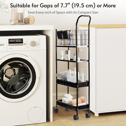 danpinera 4 Tier Slim Cart with Wheels, 7.7’’ Metal Skinny Rolling Storage Cart on Wheels for Kitchen, Bedroom, Office, Laundry Room, Small Narrow Spaces with Hooks and Cups, Black