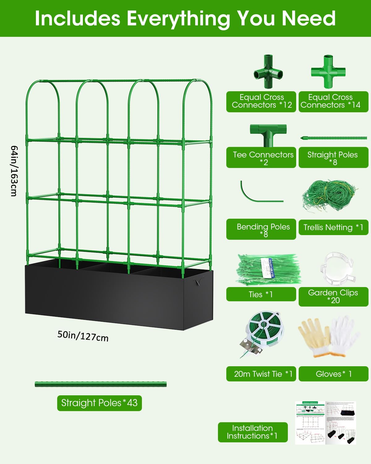 Cucumber Trellis with Grow Bags for Garden, 63in Tall Garden Trellis for Climbing Plants, Metal Plant Trellis with Garden Netting for Vegetables Flowers Fruits(4 Arches)(U-Shape)