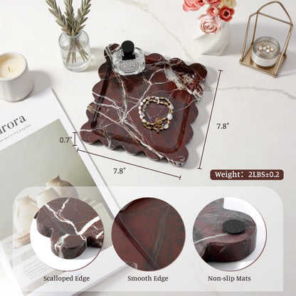 Karibiber Natural Marble Tray, 8in Red Small Scalloped Tray, Decorative Trinket Dish, Premium Square Bathroom Vanity Tray for Earrings Rings Necklaces, Unique Stone Jewelry Dish Gift