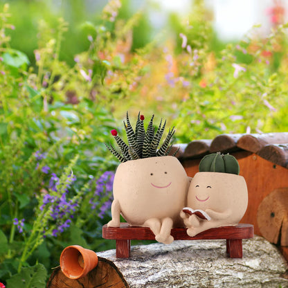 Meltset Cute Face Planter Pot - Funny Double Head Planter Sitting on Bench, Smiley Succulent Pot with Drainage Indoor and Outdoor, Unique Gift for Plant Lovers(Light Brown)