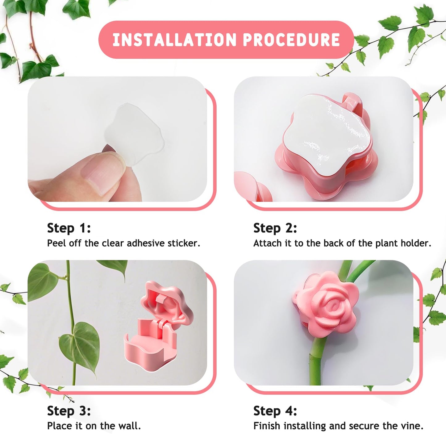 50 Pack Plant Vine Wall Clips – Decorative Flower Clips for Climbing Plants, Indoor & Outdoor Garden Vine Holders, Pink, Tool-Free Use, ABS Plastic