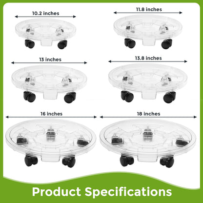 KvyusFlourish 4 Packs 18 inches Extra-large Clear Plant Caddy Plant Saucers on Wheels Rolling Plant Stands Heavy-duty Plant Dolly Plastic Planter Roller Base Pot Movers Outdoor Plant Tray Coaster
