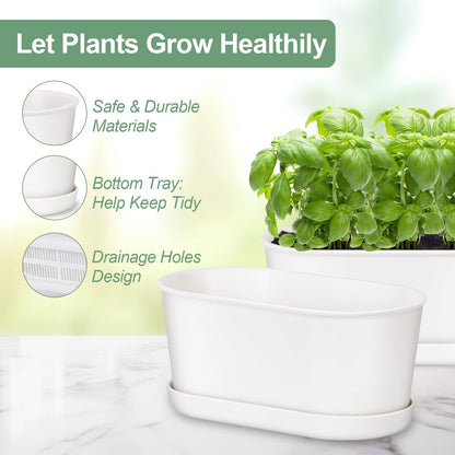 Oliz Set of 4 White Oval Window Sill Planters with Drainage Holes and Trays（7 Inch） for Herbs Basil Orchids Succulents, Modern Herb Garden Planter for Indoor/Outdoor Plants
