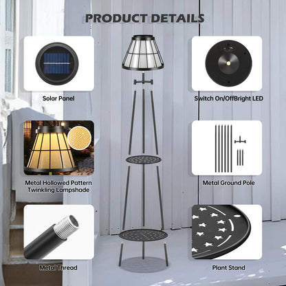 MXwcy 2-Tier Solar Plant Stand with Light, Modern Outdoor Floor Lamp with Classic Grid Lantern, Waterproof Tall Metal Planter Display Rack for Patio, Porch, Balcony, Garden Decor (2 Pack)