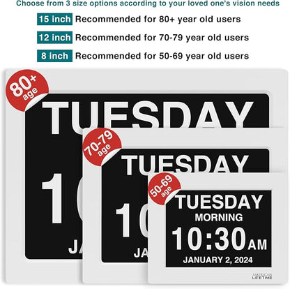 American Lifetime New 2026 Dementia Clock Large Digital Clock for Seniors, Digital Calendar Large Display, Custom Alarms, Clock with Day & Date for Elderly 18.5 Inches White