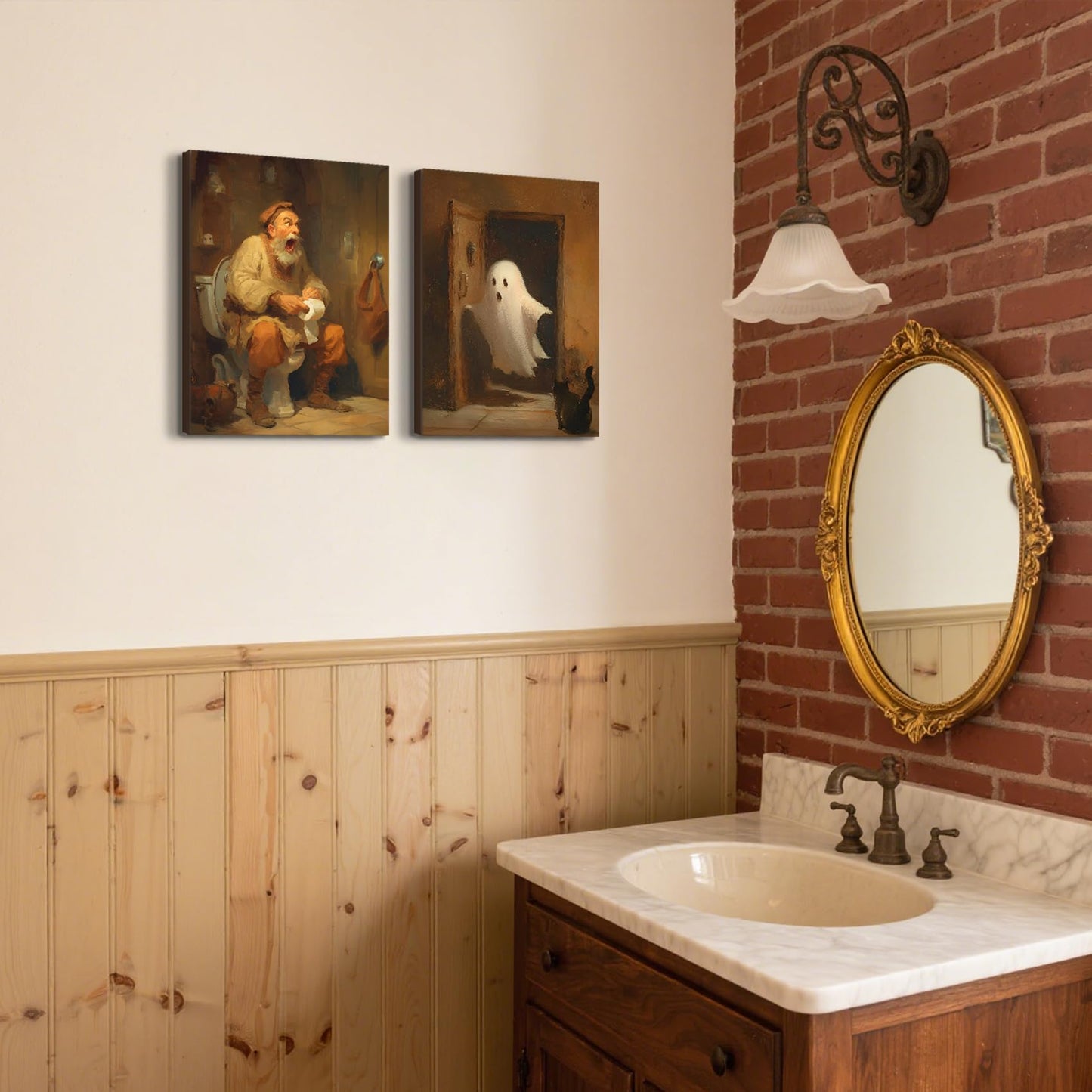 2Pcs Ghost in Bathroom Canvas Wall Art Retro Funny Bathroom Wall Decor Halloween Ghosts Posters Painting Retro Horror Creepy Dark Prints Halloween Pictures for Toilet Home Decoration(8x10in Canvas)