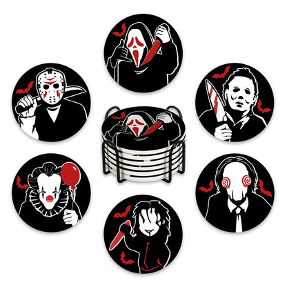 Pycat Halloween Horror Movie Characters Drink Coasters with Holder Set of 6, Bloody Black Absorbent Ceramic Cup Mat for Coffee Table Protection, 4 Inches Scary Home Kitchen Decor Housewarming Gifts