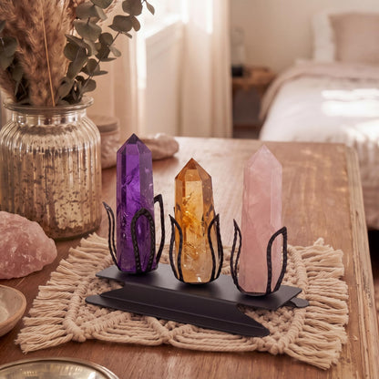 Hicarer Crystal Ball Display Stand Bohemian Black Metal Holder for Natural Stones Geode Mineral Specimen Marbles Crystal Sphere Pedestal Removable Home Desktop Decor Boho Gift