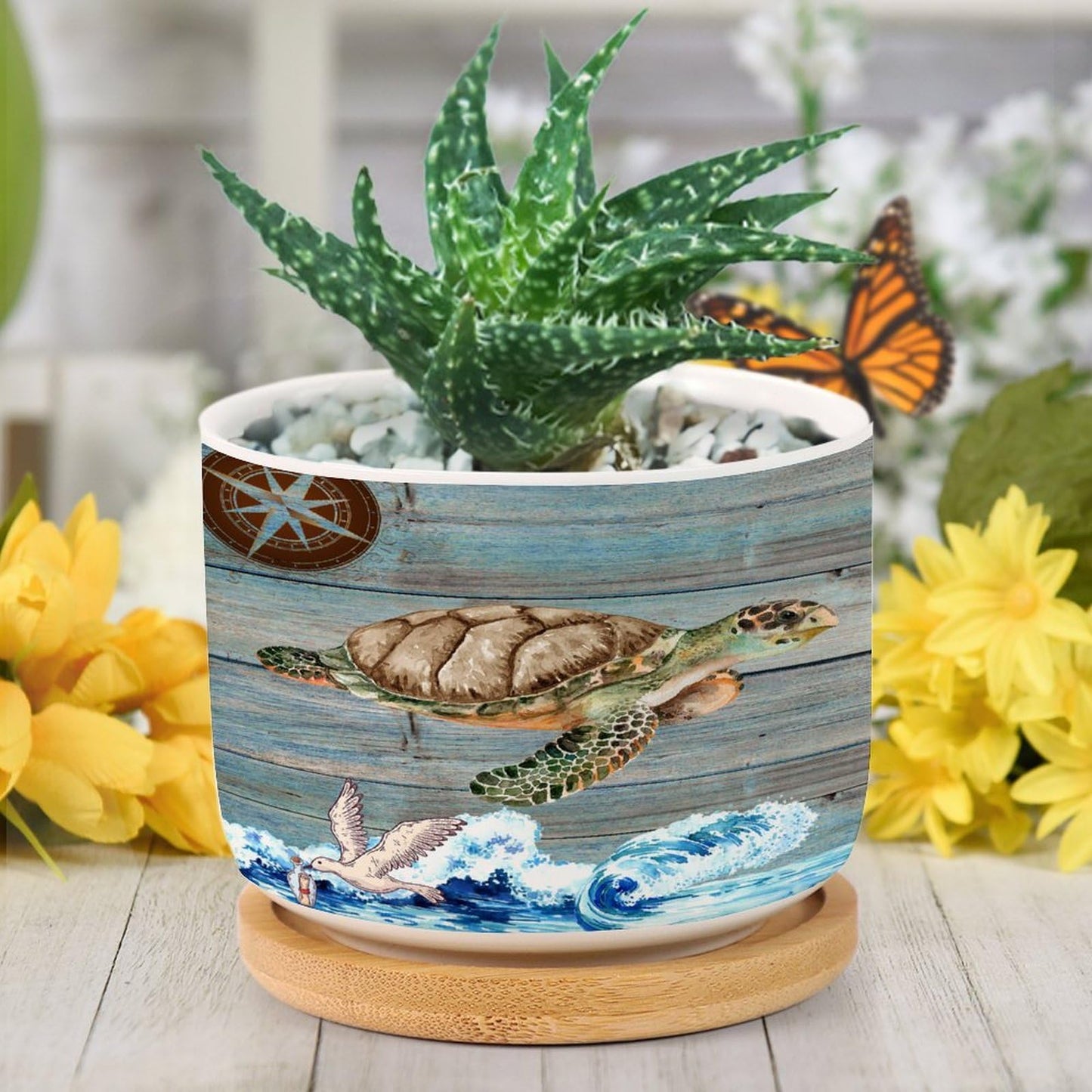 DreamAutumn Ocean Theme Sea Turtle Ceramic Pots for Plants with Drainage Holes Round Flower Pot Bamboo Tray Orchid Pot Succulents Pots for Outdoor Indoor Plants,Housewarming Gifts