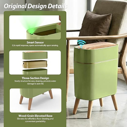 suyika Automatic Trash Can, 2.6 Gallon/10L Bathroom Trash Can with Lid - Wood Grain Lid and Legs, Touchless Waterproof Garbage Bin for Bedroom, Bathroom, Office, Living Room