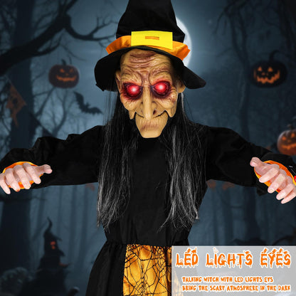 67" Halloween Hanging Witch, Halloween Decoration Outdoor Talking Ghost Light Up Eyes Sound Activated, Outdoor Indoor Decor for Garden Yard Black