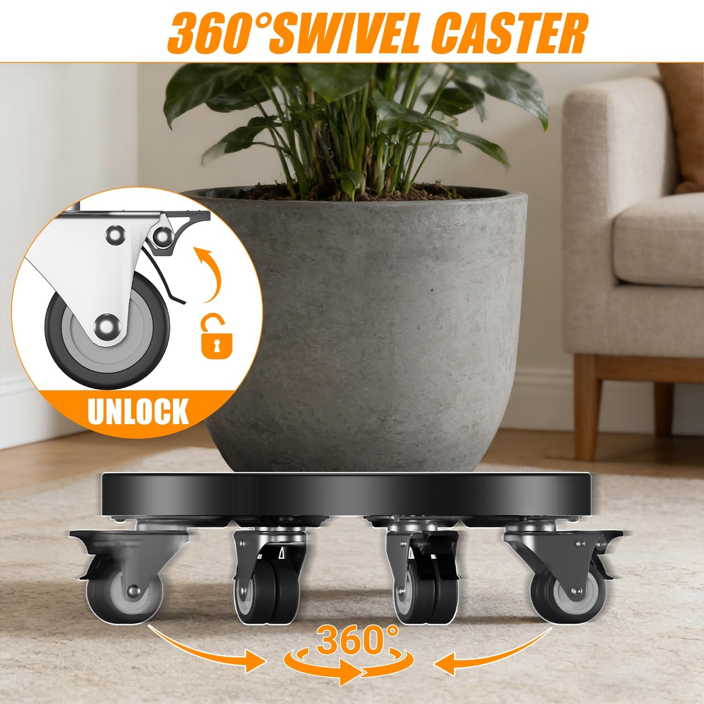 KAXIWEI Adjustable Plant Caddy with Wheels, Heavy Duty Rolling Plant Stand 15–22 Inch, Supports up to 440 lbs, Lockable 360° Casters, Stable Plant Dolly for Indoor Outdoor Large Pots, Black