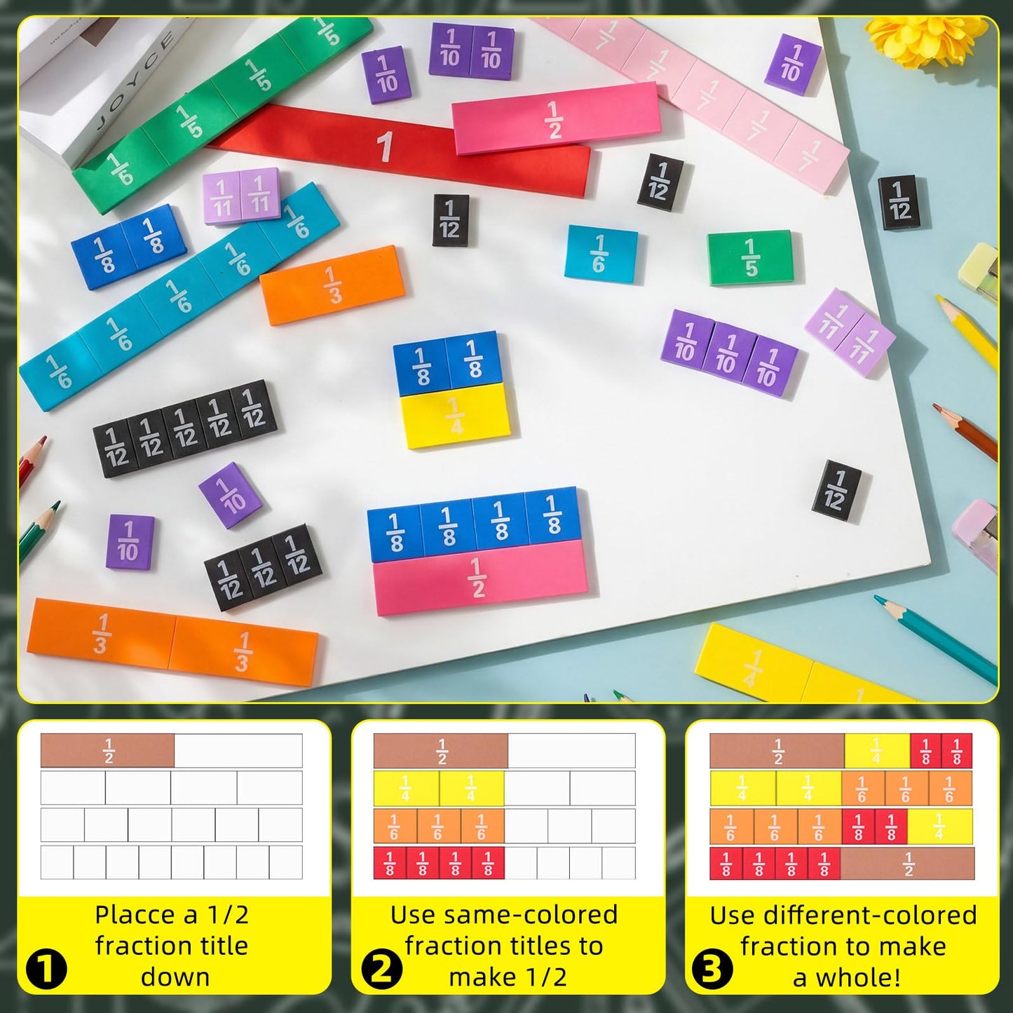 Sayglossy 36 Sets Fraction Tiles Set for Classroom Rainbow 11.8 x 8 in Fraction Strips Bars Math Manipulatives Montessori Math Materials for Home Learning School Educational (Vivid Color)