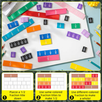 Sayglossy 12 Sets Fraction Tiles Set for Classroom Rainbow 11.8 x 8 in Fraction Strips Bars Math Manipulatives Montessori Math Materials for Home Learning School Educational (Vivid Color)