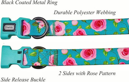 Dog Collar and Leash Set, Rose Pattern, Polyester Material, 5ft Matching Leash, for Large Dogs.(L, Green Rose Set)