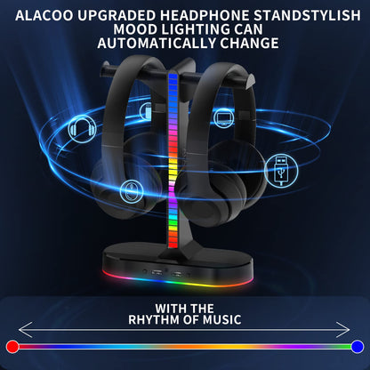 ALACOO RGB Headphone Stand - Dual Gaming Headset Holder with 3 USB Charging Station and 3.5mm Audio Port,8 Light Modes, Suitable for Gaming, Wireless Earphone Display, Gamer Gifts for Men (Black)