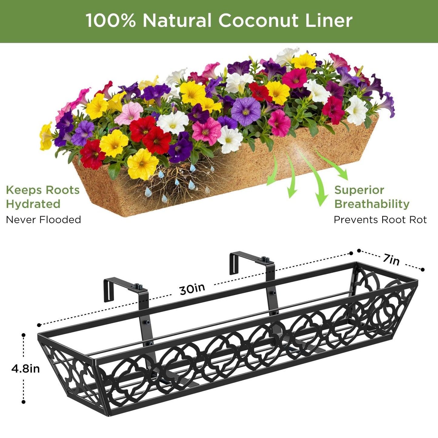 LAWYAMAI 4 Pack 30 Inch Railing Planter Box with Coco Liner, Adjustable Metal Window Box Planter for Balcony Deck Fence, Hanging Flower Basket for Outdoor Garden, Black