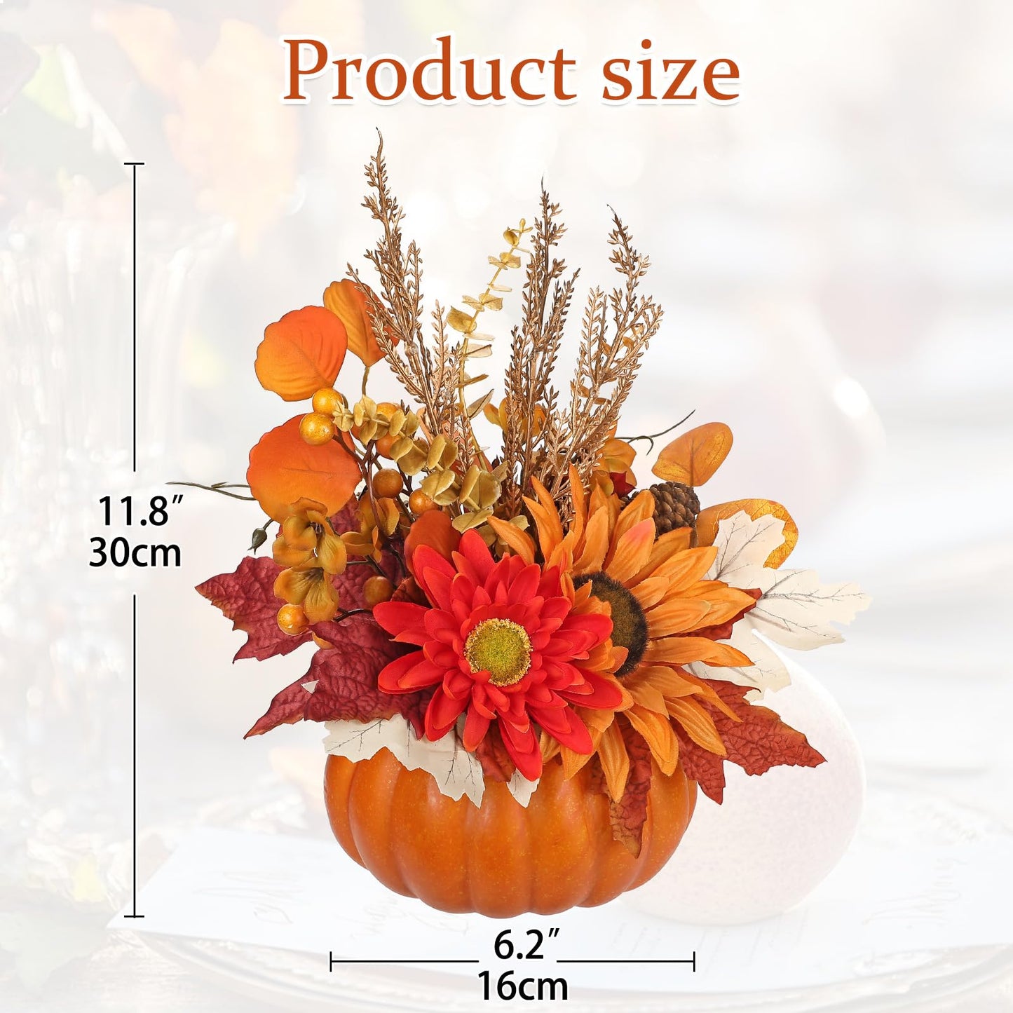 Arborus Artificial Pumpkin Fall Décor - Autumn Table Centerpieces with Red Faux Flowers, Maple Leaves, Sunflowers, Pumpkin – Halloween, Thanksgiving & Harvest Home Decoration
