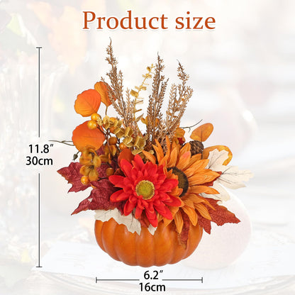 Arborus Artificial Pumpkin Fall Décor - Autumn Table Centerpieces with Red Faux Flowers, Maple Leaves, Sunflowers, Pumpkin – Halloween, Thanksgiving & Harvest Home Decoration