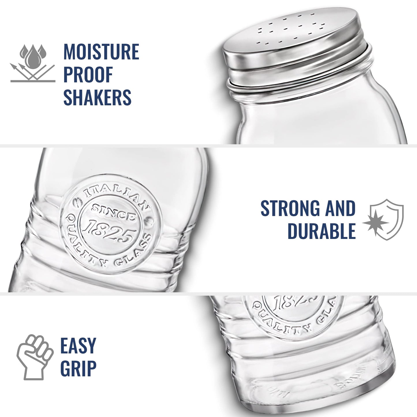 Bormioli Rocco Officina 1825 Salt & Pepper Jars Set of 2-8 Oz. Ribbed Glass Containers with Airtight Metal Lids for Seasoning, Cooking & Dining Table Use - Italian Glass Storage Design