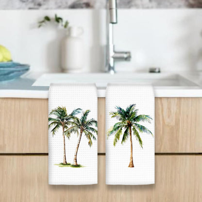 OINDADE Coastal Palm Tree Kitchen Hand Towels Set of 2, Summer Coconut Tree Decor for Kitchen Bathroom, Summer Botanical Beach Tropical Plant Hand Towels for Bathroom Toilet Washroom, 16x24In