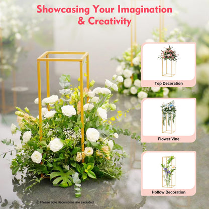 4 Pcs Inweder Column Vases Wedding Centerpieces, Different Sizes Gold Floor Vase, Tall Metal Vase Column, Rectangular Geometric Flower Rack，for Wedding Decorations, Event, Home, Party(16",24",32",40")