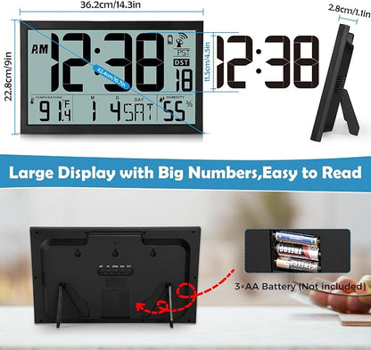 Amgico Digital Wall Clock,16.7" Large Display Atomic Clock, Battery Operated,Digital Calendar Auto Setting with Indoor Temperature, Humidity,Date,Day,Auto DST Desk Clock for Elderly Bedroom Classroom