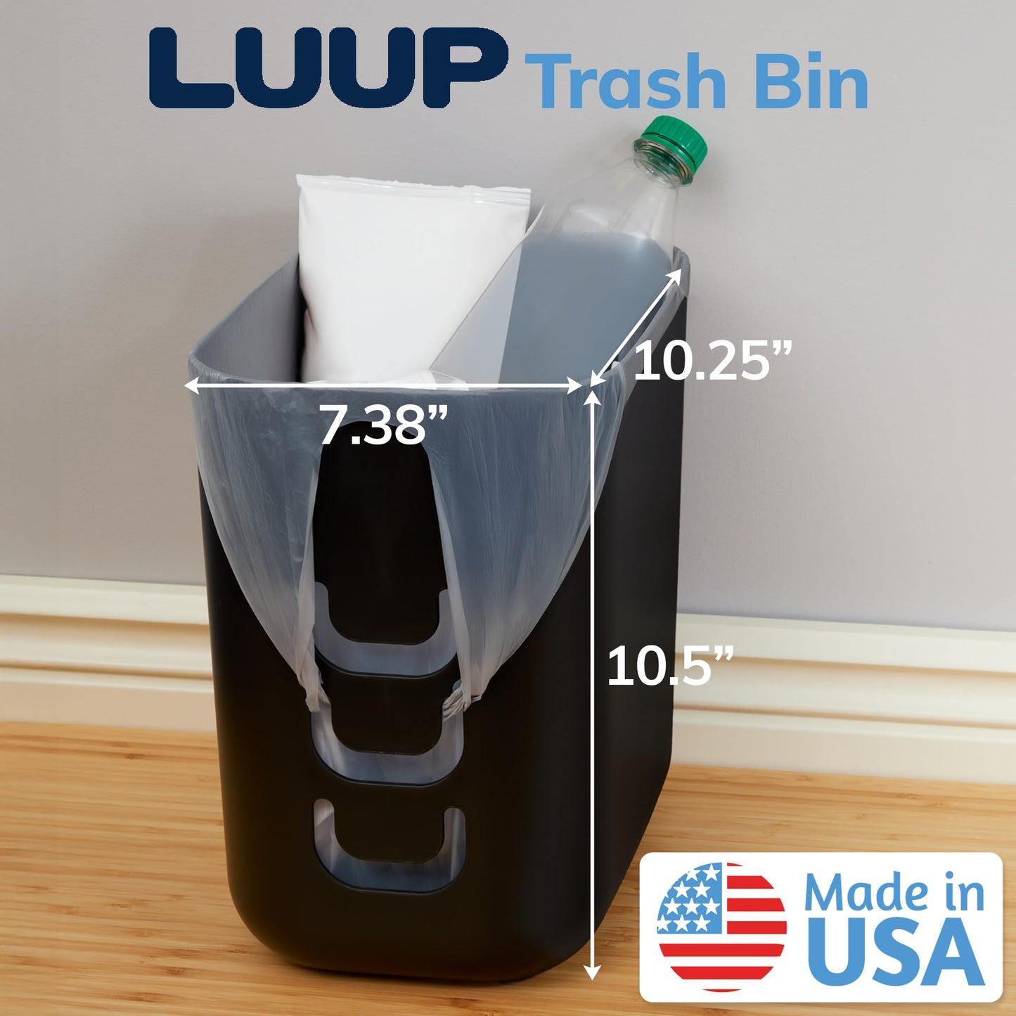 STORi Luup Trash Can (Black) - Reuse Grocery Bags - Plastic Garbage Container for Bathroom, Vanity, Laundry Room, Kitchen, Office, Garage - 2.5 Gallon Wastebasket with Hooks to Secure Trash Bags