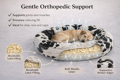 Round Dog Bed – Natural Canvas, Removable Washable Cover, Raw Cotton or Latex Fill, Hypoallergenic Non-Toxic, Made in USA (Cow Print Black White, Medium, Firm Support – Raw Cotton)