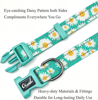 Dog Collar Leash Set, Floral Pattern, with Safety Reflective Strips, 5 ft Matching Leash, Neoprene Padded Handle, Adjustable 4 Sizes for Small Medium Large Dogs.(S, Green Daisy)