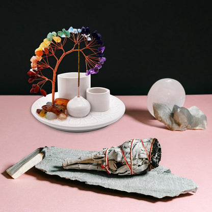 5 in 1 Incense Burner Holder with Crystal Healing Tree, Palo Santo Holder, Sage Holder, Incense Holder for Sticks/Cones/Candles, Ceramic Tray Ash Catcher for Burning Incense, Meditation Gift (White)
