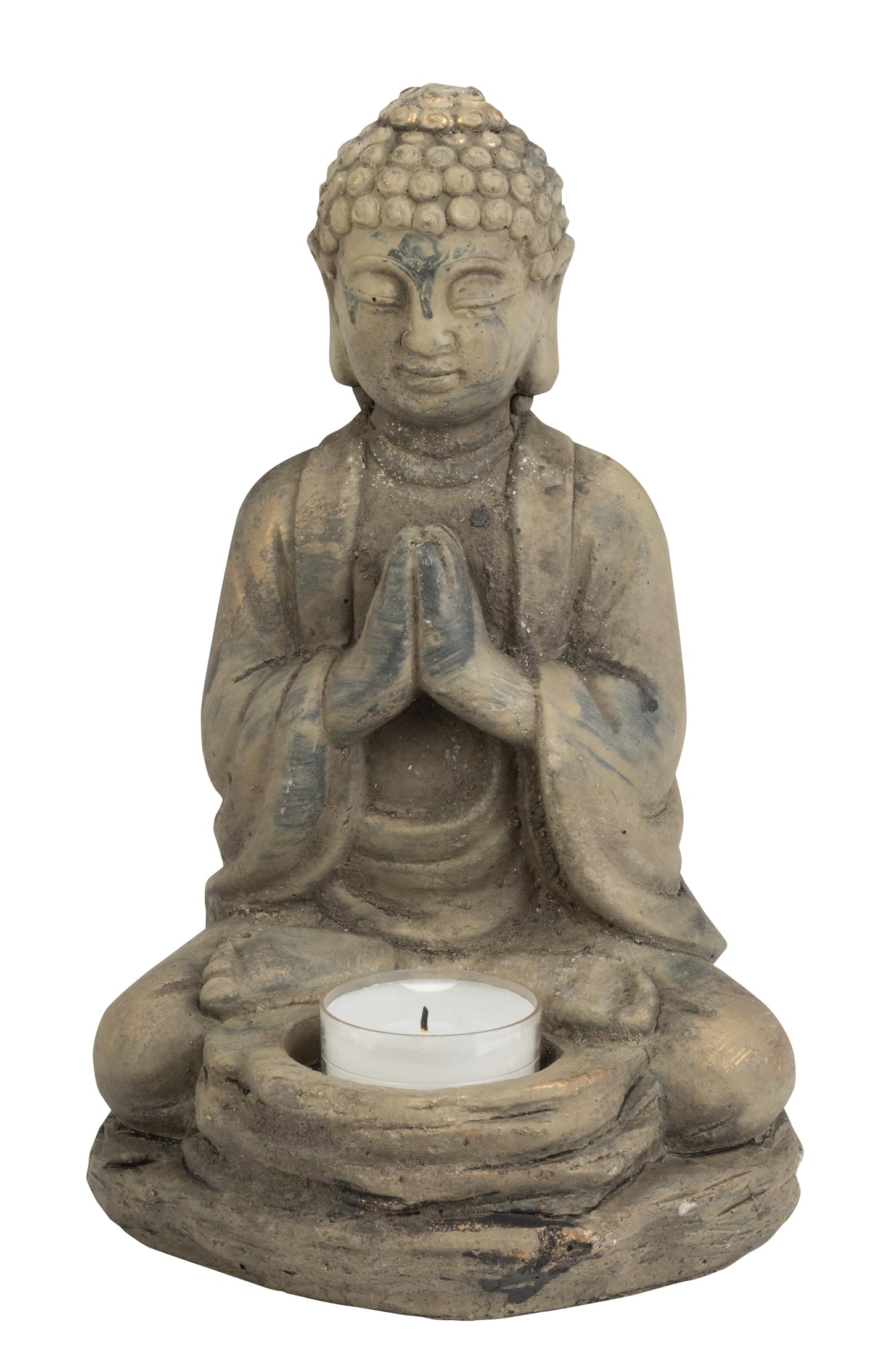 Biedermann & Sons Stone Buddha Tea Light Candle Holder – 6" W x 8" H Zen Meditation Statue, Light Gray with Gold Accents – Tealight Decor for Yoga Room, Altar, Spa, Feng Shui Home Gift