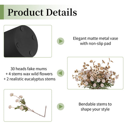 BLOSMON Beige Faux Flowers in Vase: Metal Vase with 12 Stems of Fake Mums Wax Eucalyptuses for Dining Table Centerpiece Decor - Artificial Silk Kiku Pom Poms Wild Farmhouse Floral Arrangements