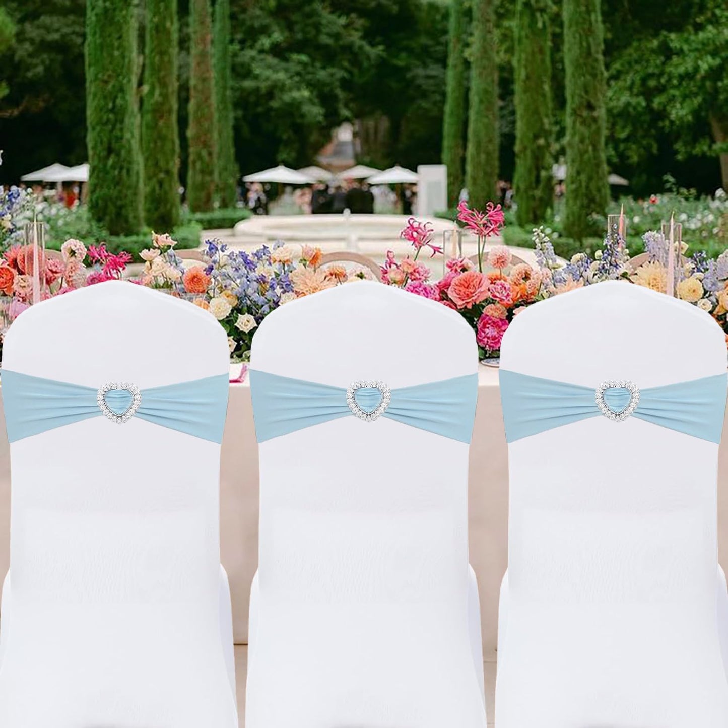 Fbewom Spandex Sky Blue Chair Sashes Bows 50 Pack Stretch Chair Cover Bands with Buckle Slider Elastic Chair Ties for Wedding Banquet Party Event Decoration