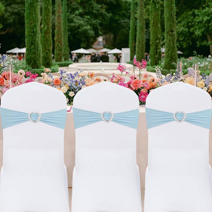 Fbewom Spandex Sky Blue Chair Sashes Bows 50 Pack Stretch Chair Cover Bands with Buckle Slider Elastic Chair Ties for Wedding Banquet Party Event Decoration
