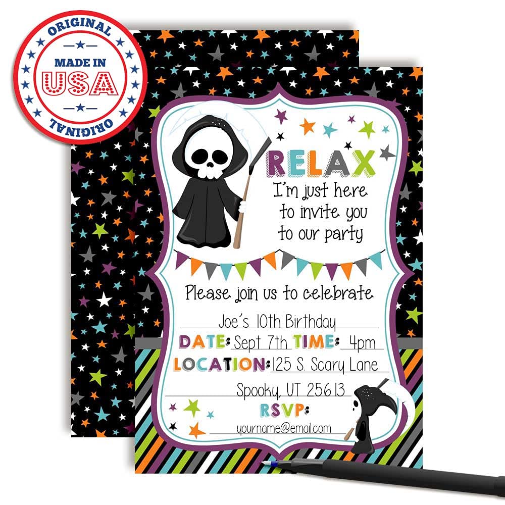 Relax! Funny Grim Reaper Themed Halloween Party Invitations, 20 5x7 Fill In Cards with Twenty White Envelopes by AmandaCreation