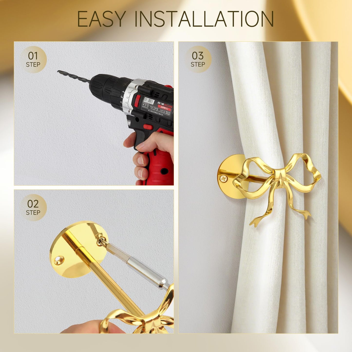 2 Pcs Gold Bow Curtain Tiebacks, Bow Curtain Holdbacks Wall Mounted, Suitable for Curtains and Bow Room Decoration