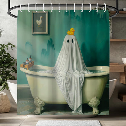 Koveni Funny Ghost Shower Curtain 72x72 Inch with Hooks, Cute White Ghost Bathroom Decor with Cute Duck, Spooky Waterproof Polyester Fabric for Halloween Decorations, Gifts for Kids