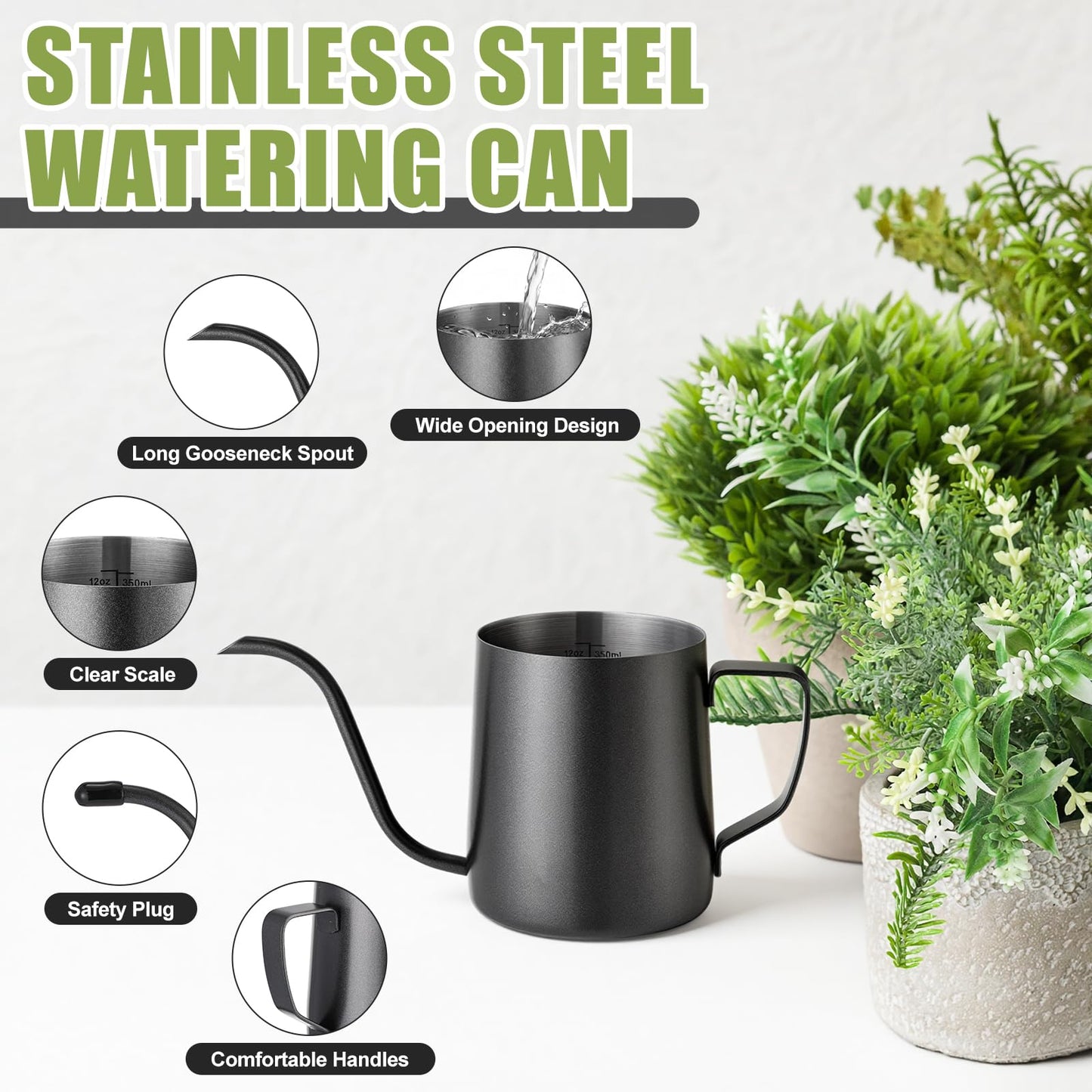 Teecyhooo 2 Pcs Small Watering Can for Indoor Plants, 12 Oz/350 ml Mini Plant Watering Pot with Long Spout and Scale 304 Stainless Steel Tiny Watering-can for Outdoor Indoor Plants Garden(Black)