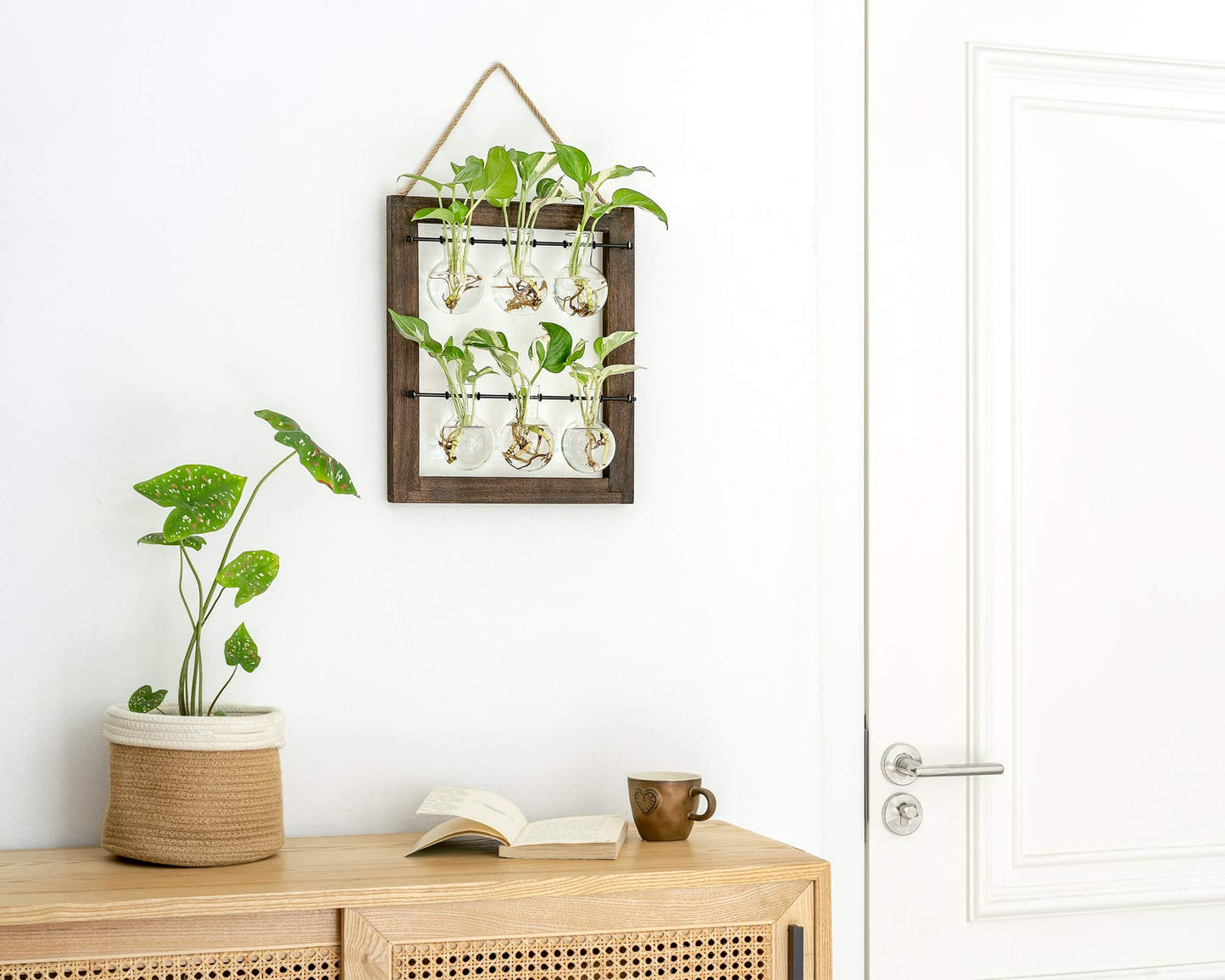 Mkono Propagation Station Wall Hanging Glass Planter, Flower Bulb Vase Plant Terrarium with Retro Wooden Stand Double Layer for Hydroponics Plants Home Garden Office Decor